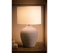 Reid Linen Drum Lamp Shade Stone Grey Ribbed Ceramic Table Lamp with LED Bulb ValueLights Grey Large