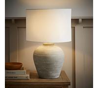 ValueLights | Reid Linen Drum Lamp Shade Stone Grey Ribbed Ceramic Small Table Lamp with Bulb | Table Lamps, Home Décor & Improvement Essential | Light Bulb Included