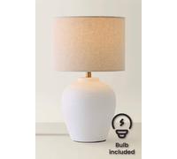 Valuelights Reid Linen Drum Lamp Shade Textured Ribbed Ceramic Table Lamp And Bulb In Natural White Natural White