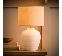 Valuelights Reid Linen Drum Shade White Ribbed Ceramic Small Table Lamp And Bulb