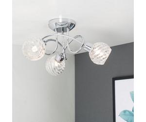 Valuelights Reyka 3 Way Polished Chrome Curved Arm Flush Ceiling Light With Swirled Glass Dome Shades With Led Bulb