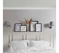 MiniSun | Modern Chrome Curved Arm Wall Light Fitting with a Grey Linen Drum Shade | Home Décor, Bedside & Desk Lamp | Mains Wired