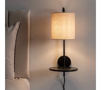 ValueLights | Ryan Natural Linen Lamp Shade Black Metal Wall with Black Wood Shelf