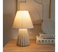 ValueLights | Pair of - Natural Ceramic Textured Base Bedside Table Lamp with Linen Tapered Lampshade Living Room Bedroom Light - LED Bulbs Included | Table Lamps & Home Improvements Essential