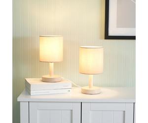 ValueLights Set Of 2 - Nelly Natural Wood Base Bedside Table Lamps With Natural Fabric Shade - Led Bulbs Included