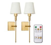 Set of 2 - Rechargeable Easy Fit Wall Light with Fabric Shade, Remote Control Dimmable LED Lamp, Non Hardwired Wall Sconce for Living Room, Hallway, Bedroom - Antique Brass