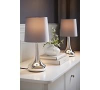 MiniSun | Modern Chrome Teardrop Touch Table Lamps with Grey Fabric Shades | Table Lamps, Home Décor & Improvement Essential | Set of 2 | Includes 5W LED Bulbs [3000K Warm White]