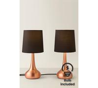 Valuelights Teardrop Pair Of Copper Touch Table Lamps With Black Shade And Bulbs