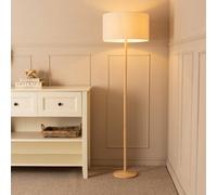 ValueLights Triston Wooden Floor Lamp with Linen White Trim Drum Shade