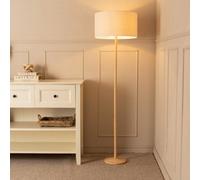 ValueLights Triston Wooden Floor Lamp with Linen White Trim Drum Shade