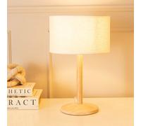ValueLights Triston Natural Light Wood Stem Table Lamp with Linen Trim Drum Lamp Shade in White ValueLights White