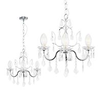 MiniSun | Modern 3 Way Silver Chrome Ceiling Light Chandelier with Clear Glass Droplets | Home Décor, Bedside & Desk Lamp