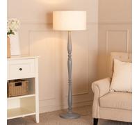 Victoria Candlestick Grey Wood Floor Lamp with Cream Boucle Drum Lamp Shade ValueLights Grey One Size
