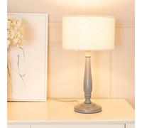 Light Wood Candle Stick Table Lamp with Boucle Shade Grey