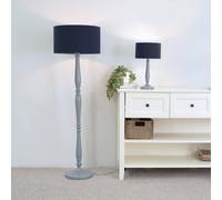 ValueLights | Traditional Grey Wood Candlestick Table Lamp with Navy Blue Fabric Drum Shade for Living Room Bedroom | Table Lamps, Home Décor & Improvement Essential | Included LED Bulb
