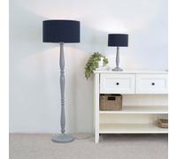 Victoria Grey Wood Traditional Table Lamp with Fabric Drum Shade ValueLights Navy One Size
