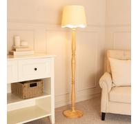 ValueLights Victoria Light Wood Candlestick Floor Lamp with Linen Scallop Trim Tapered Shade in White ValueLights White