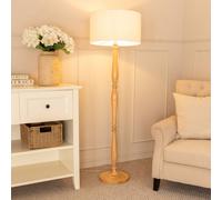 Victoria Light Wood Candlestick Floor Lamp with Linen White Trim Drum Lamp Shade ValueLights Natural One Size
