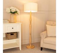 Valuelights Victoria Light Wood Candlestick Floor Lamp With Linen White Trim Drum Shade And Led Bulb