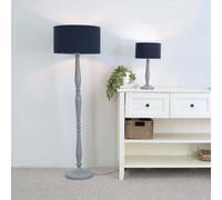 Valuelights Victoria Traditional Grey Wood Candlestick Table Lamp With Navy Blue Drum Shade