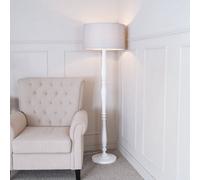 Valuelights Victoria Traditional White Wood Candlestick Floor Lamp With Grey Drum Shade - Led Bulb Included