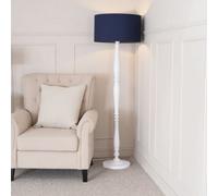 Valuelights Victoria Traditional White Wood Candlestick Floor Lamp With Navy Blue Drum Shade