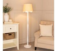 Valuelights Victoria White Wood Floor Lamp With Linen Scallop Trim Tapered Shade & Bulb White