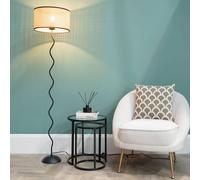 ValueLights | Black Metal Wavy Single Stem Floor Lamp Base with Natural Wicker, Black Trim Shade | Home Décor, Bedside & Desk Lamp