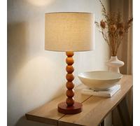 ValueLights Wyatt Natural Linen Drum Lamp Shade Walnut Wood Bobbin Table Lamp ValueLights Natural