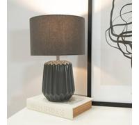 Pair of - Charcoal Grey Textured Ceramic Bedside Table Lamp with Fabric Drum Shade Living Room Bedroom Light