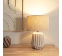 Pair of - Stone Natural Textured Ceramic Bedside Table Lamp with Fabric Drum Shade Living Room Bedroom Light