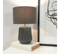 Pair of - Charcoal Grey Textured Ceramic Bedside Table Lamp with Fabric Drum Shade Living Room Bedroom Light
