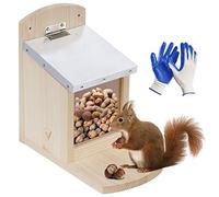 valuents Squirrel Feeder with Flap - Feeding Station - Weatherproof Pine Wood with Zinc Roof - Self-Assembly + Plus Gardening Gloves