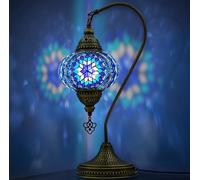 VALVELLO Turkish Moroccan Mosaic Swan Neck Lamp, Night Light, Tiffany Style, Vintage, Decorative Glass Table Lamp for Bedroom, Office, Living Room, Gift for Special Days/Person (Blue)