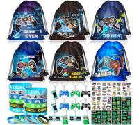vamei 48pcs Gaming Party Bag Fillers with Drawstring Bags Keychains Silicone Bracelets Tattoos Gift Bags Kids Pinata Fillers Gamer Birthday Party Supplies Favours for Boys