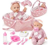 vamei Baby Doll Set, 12 Inches Baby Born Dolls for Girls, Baby Doll Accessories with Clothes Carrier Bassinet Bed Bottle Feeding Set, Pretend Play Toddler Toys Gift for 3 4 5 6 Years Old Girls