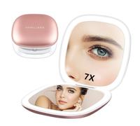 Vamillkra Travel Mirror with Light, 1X/7X Magnifying Mirror, 4 Inch LED Lighted Rechargeable Compact Makeup Mirror, 3 Colors Dimmable Light Up Portable Pocket Mirror for Handbag (Rose Gold 7X)