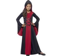 Smiffys Vamp Costume, Red & Black Hooded Dress with Lace-Up Detail, Halloween Child Fancy Dress, Vampire Dress Up Costumes