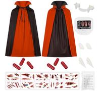 Vampire Cape Adult, 140 cm, Double-Sided Stand-Up Collar, Red Black Cape Vampire with Teeth, Tattoos, Draculaura Costume, Women, Men, Vampire Cape for Fancy Dress, Halloween, Masquerade Party