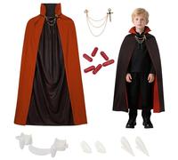Vampire Cape Children's Stand-Up Collar, 120 cm Halloween Vampire Cape with Vampire Teeth & Artificial Blood & Brooch Set, Vampire Costume Children Boys Girls Black Red Dracula Cape for Halloween