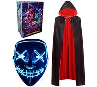 Vampire Cape, LED Halloween Mask 150CM Scary Cloak Cosplay Costume Halloween Decorations Reversible Cape with Hood Party Fancy Dress Outfit Light up Scary Mask for Adults Carnival (Blue and Pink)