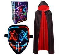 Vampire Cape, LED Halloween Mask 150CM Scary Cloak Cosplay Costume Halloween Decorations Reversible Cape with Hood Party Fancy Dress Outfit Light up Scary Mask for Adults Carnival (Blue and Red)