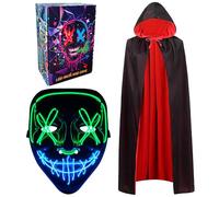 Vampire Cape, LED Halloween Mask 150CM Scary Cloak Cosplay Costume Halloween Decorations Reversible Cape with Hood Party Fancy Dress Outfit Light up Scary Mask for Adults Cosplay Carnival (Green)