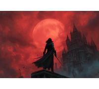 Vampire Castle Under Blood Moon 1000 Piece Wooden Puzzle for Adults Dramatic Fantasy Scene with Warrior Figure
