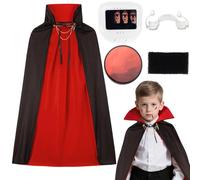 Vampire Costume Children Boys 90/120 cm Royal Vampire Costume with Artificial Blood & Vampire Teeth & Makeup Sponge, Black Red Double-Sided Dracula Costume Vampire Cape Boys Girls Halloween Carnival