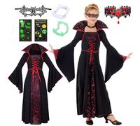 Vampire Costume Children Girls Gothic Vampire Costume Halloween Dress Fancy Dress with Necklace with Vampire Teeth Children's Vampire Queen Costume Royal Dracula Costume for Halloween Carnival Cosplay