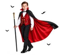 Vampire Costume for Boys 3-12 Years, Halloween Gothic Dracula Cape & Cane | Deluxe Set for Kids Boys Aged 3-6 7-9 10-12, Cape Vest Pants & Cane, Gifts for Halloween Fancy Dress Cosplay Role Play Party