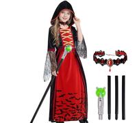 Vampire Costume Girls with Vampire Accessories Walking Stick & Royal Vampire Queen Necklace Set, Deluxe Vampire Dress Kids Halloween Costume Girls Dracula Costumes Victorian Dress Up Fancy Dress Party