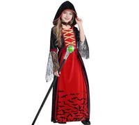 Vampire Costume Girls with Vampire Accessories Walking Stick & Royal Vampire Queen Necklace Set, Deluxe Vampire Dress Kids Halloween Costume Girls Dracula Costumes Victorian Dress Up Fancy Dress Party