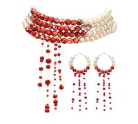 Vampire Costume Necklace and Earrings Set with Dripping Blood Beads Gothic Pearl Choker Halloween Necklace Role Play Ghost Bride Costume Accessories for Women Men